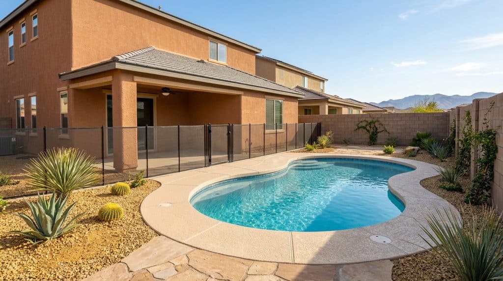 A modern desert home featuring a curved swimming pool with crystal-clear blue water, surrounded by a concrete deck and desert landscaping including cacti and drought-resistant plants. The two-story tan stucco house includes a covered patio area with black safety fencing and overlooks the backyard oasis, with mountains visible in the distance. This residential remodeling project showcases contemporary southwestern design with professional pool installation and xeriscaping suitable for arid climates.