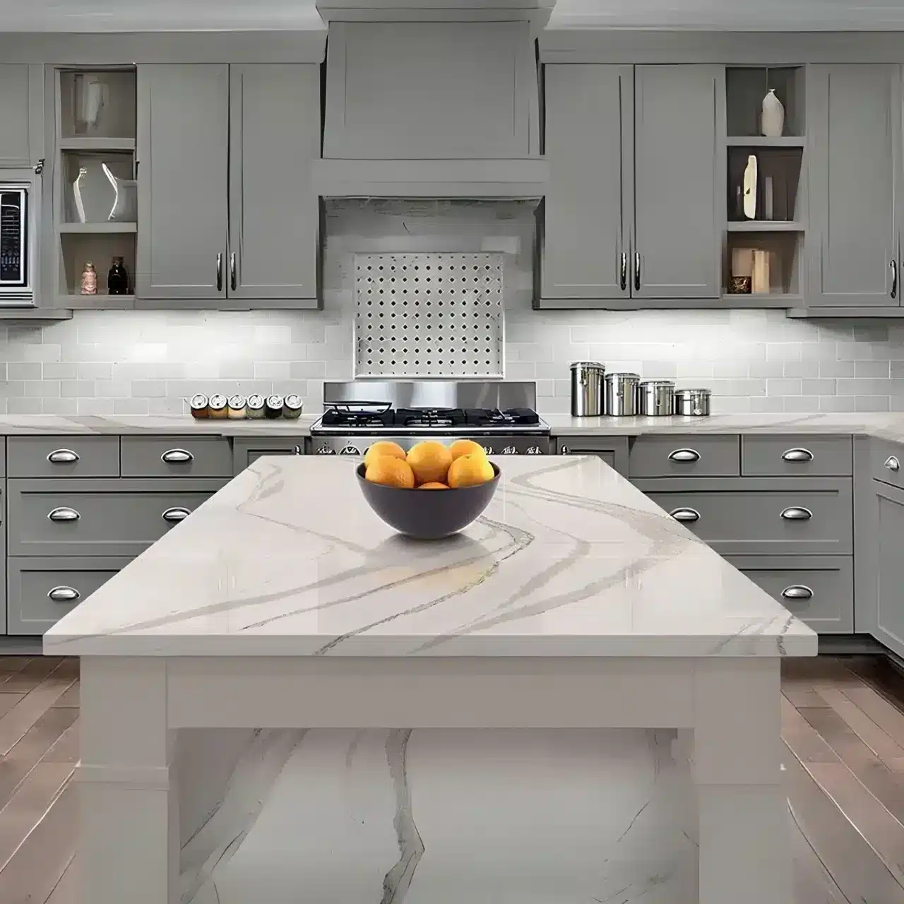 Modern kitchen with gray cabinets, white marble island with gray veining, and stainless steel gas range
