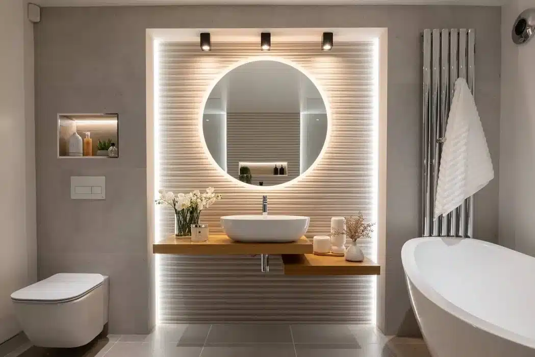 Modern bathroom with circular illuminated mirror above wooden vanity with white vessel sink and warm lighting