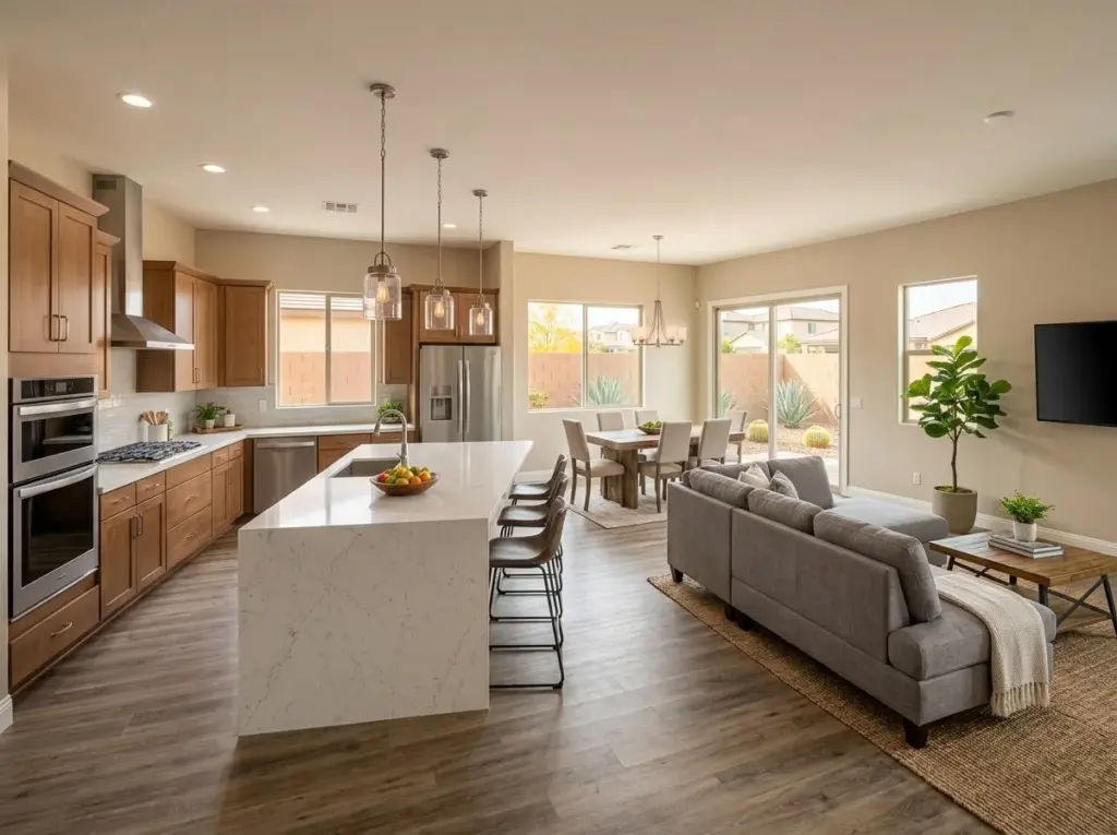 Open-plan kitchen and living room with white marble island, wood cabinetry, stainless appliances, and gray seating areas