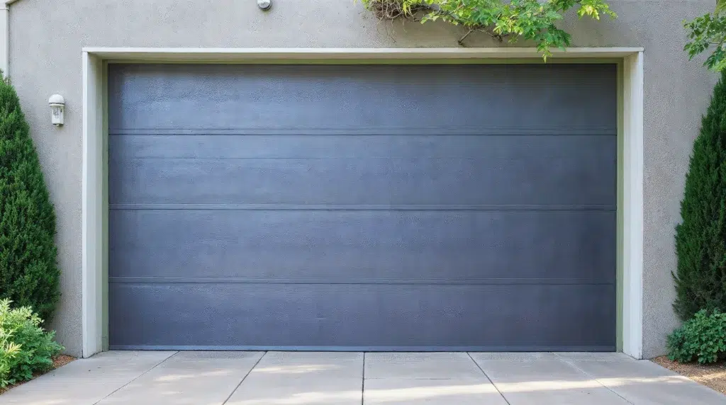Dark gray modern garage door framed by stucco walls with tall shrubs on both sides.