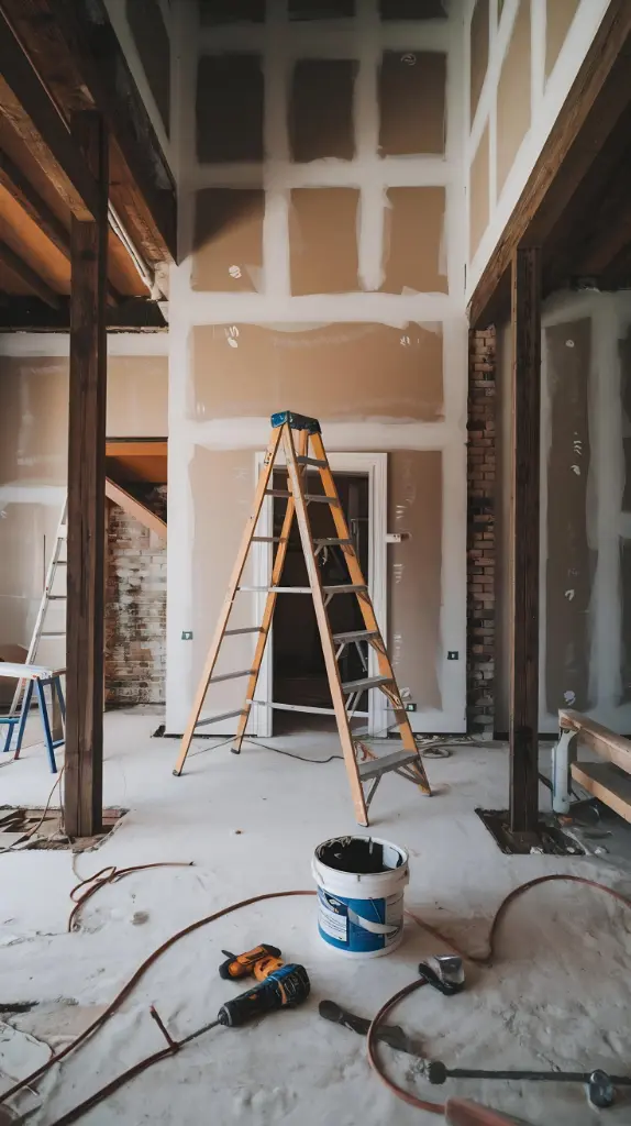 Interior renovation with drywall seams taped and mudded, ladder centered in the room, and exposed beams and tools on the floor