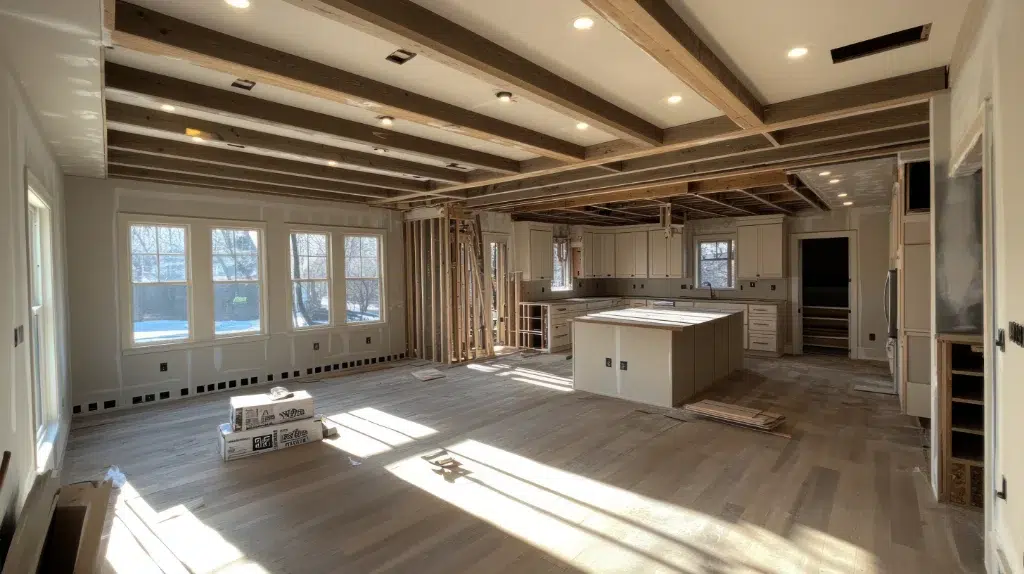 Spacious kitchen under renovation with exposed ceiling beams, new flooring, and unfinished cabinetry installation.