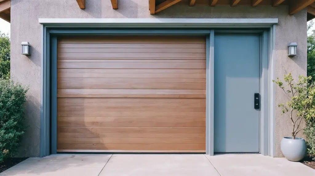 Wood-paneled garage door beside a gray entry door with outdoor lighting and surrounding shrubs.